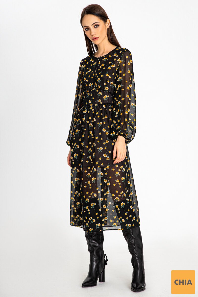 Шифоновое платье черного цвета в цветочный принт Адель