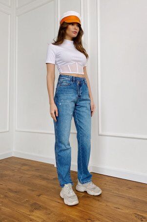 Джинсы с асимметричной застежкой синего цвета...