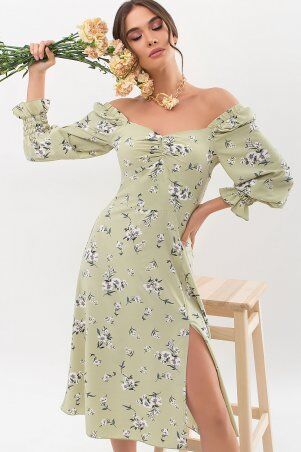 Glem: Платье Пала д/р оливка-белый букет p67718 - фото 1
