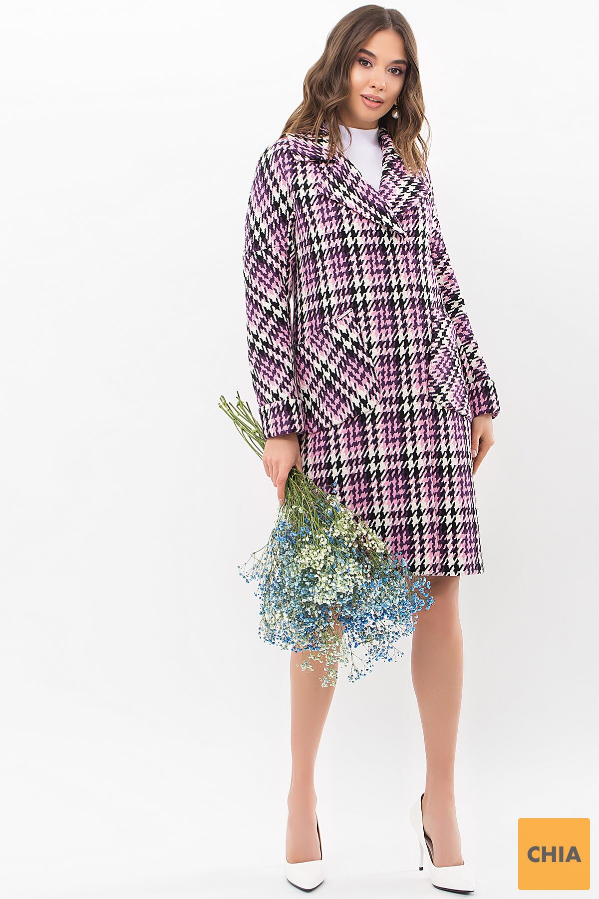 Пальто П-403-100 (Л) 2454-лапка ч/б-фиолет