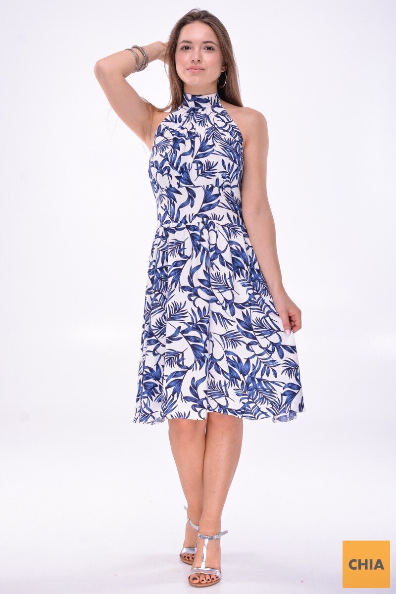 Платье "американка" с клешеной юбкой из натуральной ткани в бело-синий принт