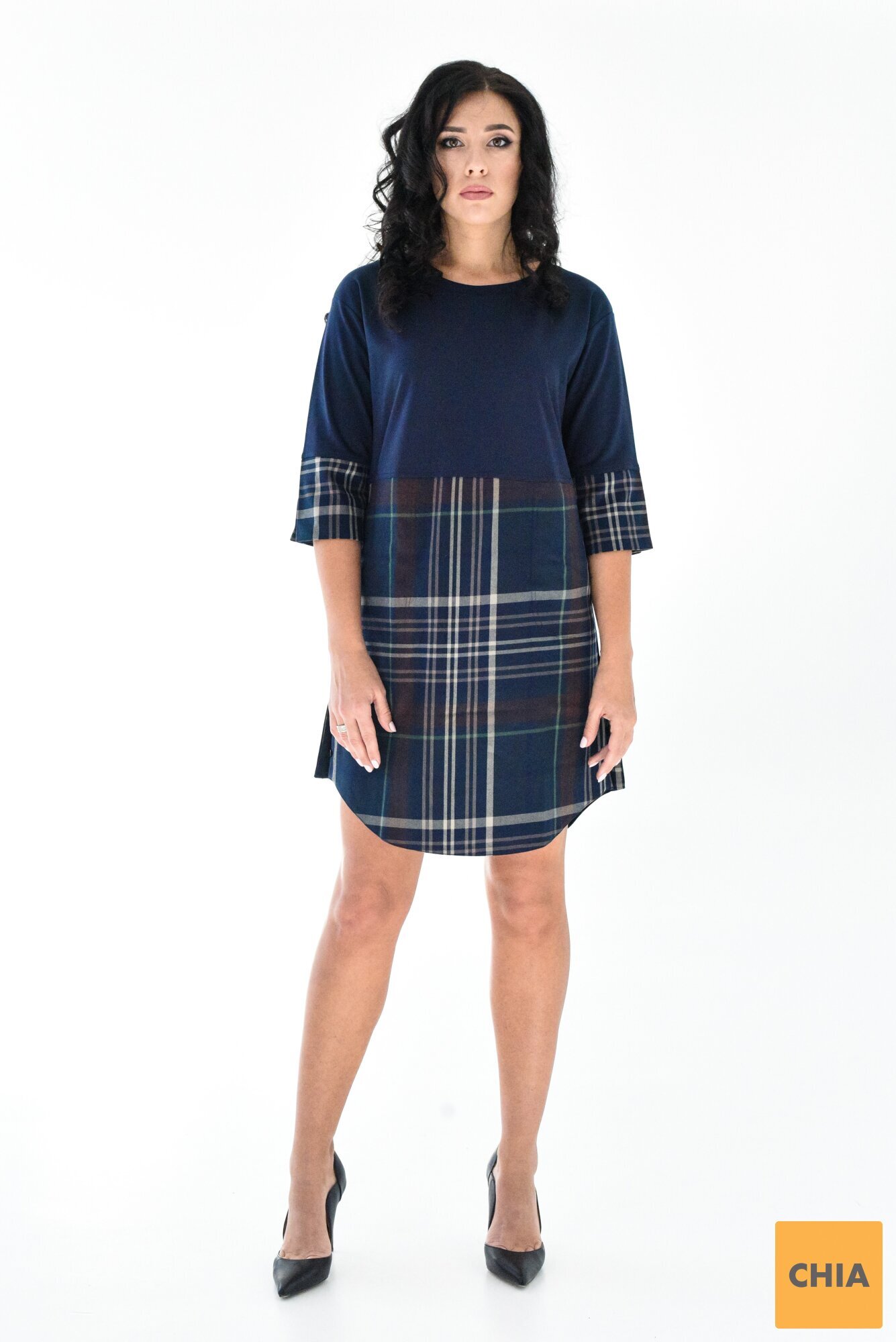 Комбинированное платье в клетку с рукавами три четверти