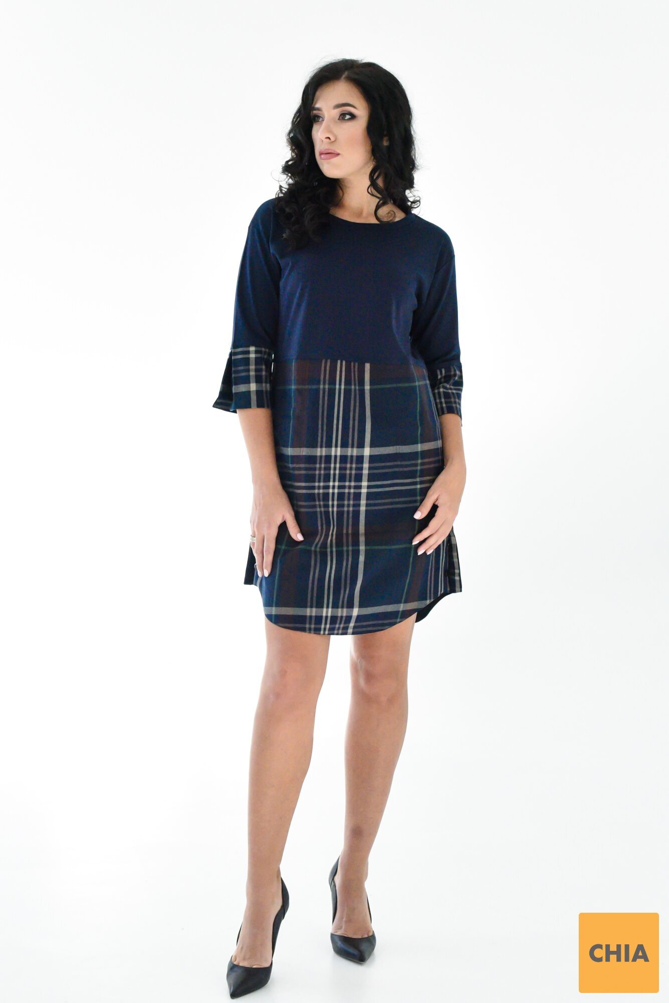 Комбинированное платье в клетку с рукавами три четверти