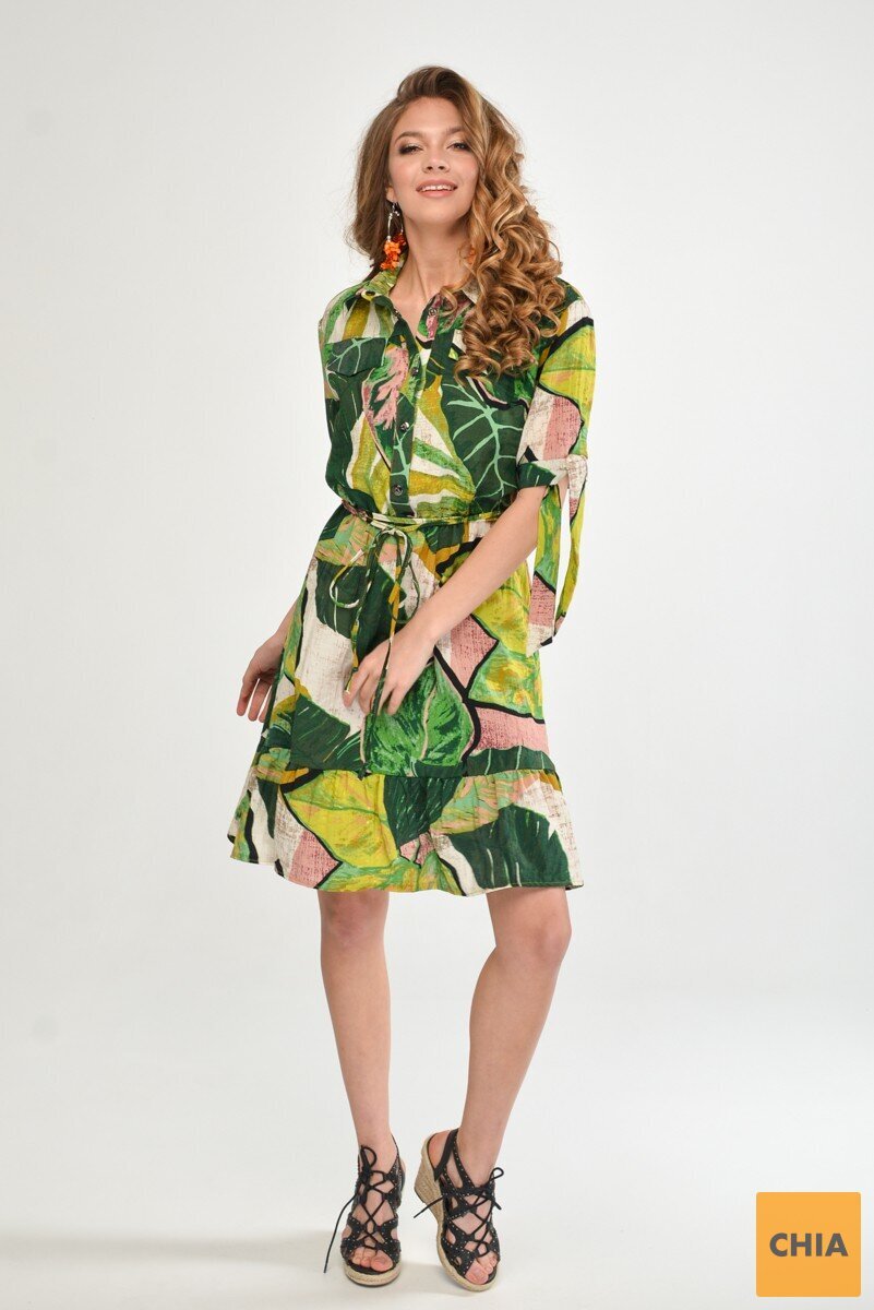 Яркое принтованное платье с завязками на рукавах