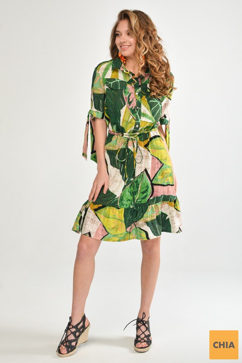 Яркое принтованное платье с завязками на рукавах