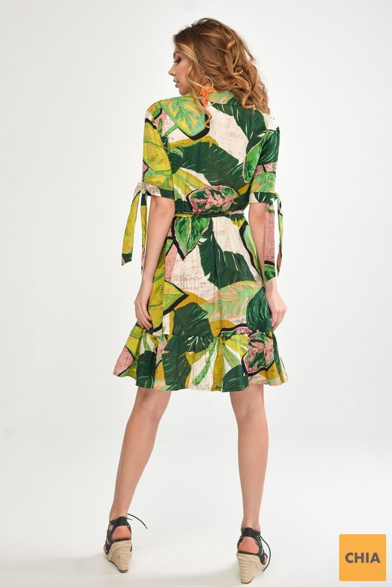 Яркое принтованное платье с завязками на рукавах