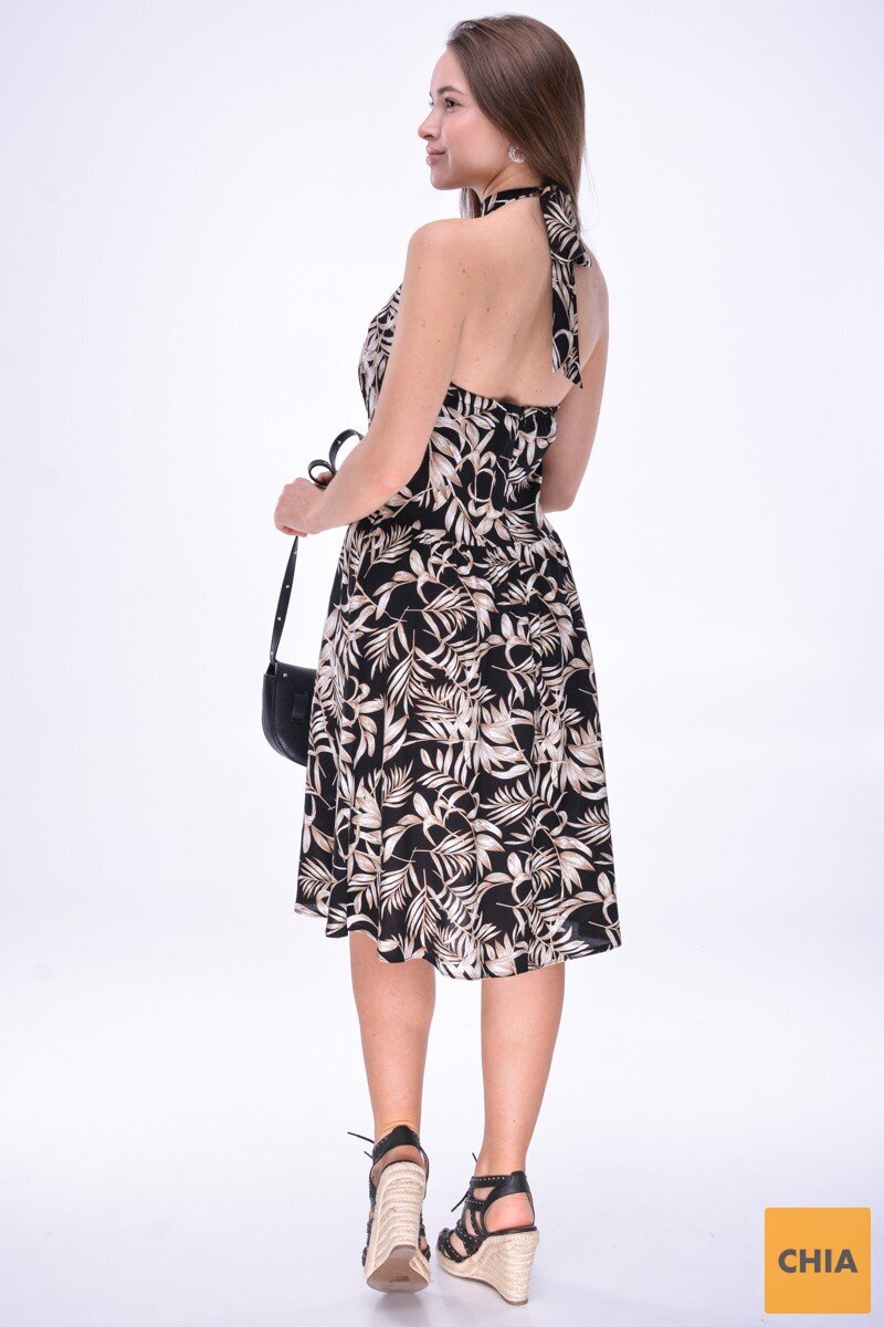 Летнее платье "американка" с открытой спиной и плечами из принтованного черного льна