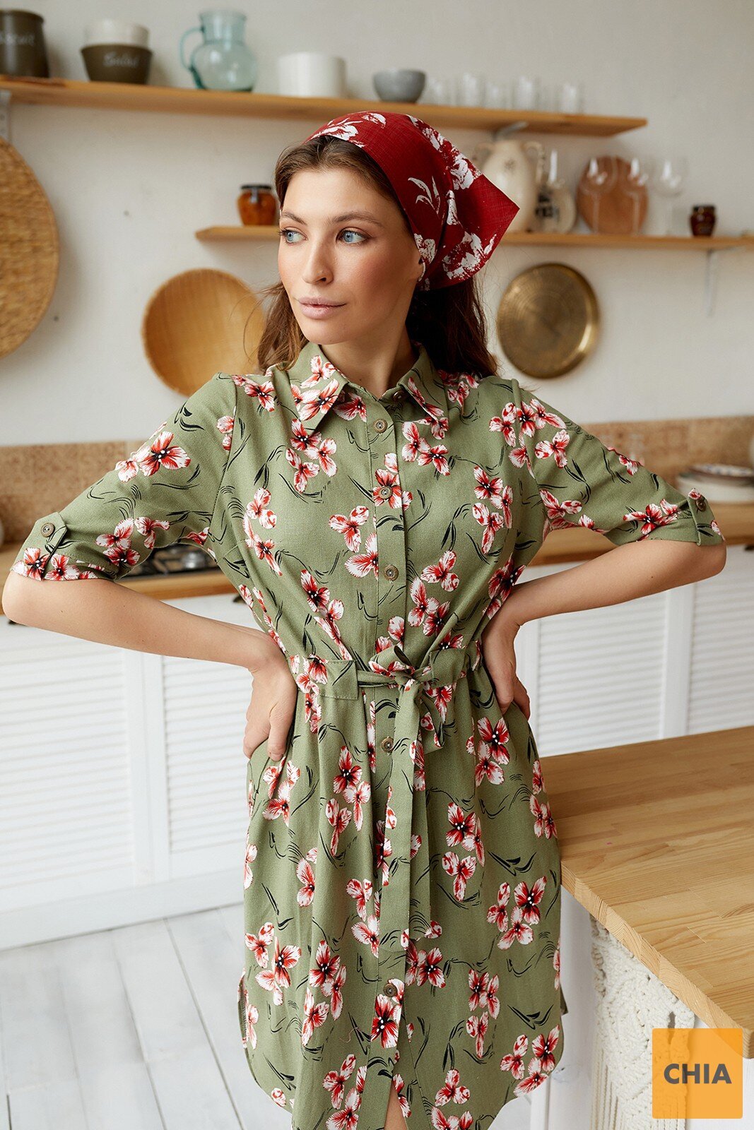 Платье-рубашка из натурального льна цвета хаки с поясом миди