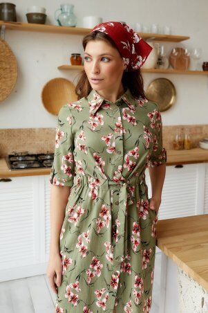 KOTIKI: Платье-рубашка из натурального льна цвета хаки с поясом миди 2016 - фото 3