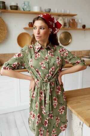KOTIKI: Платье-рубашка из натурального льна цвета хаки с поясом миди 2016 - фото 5