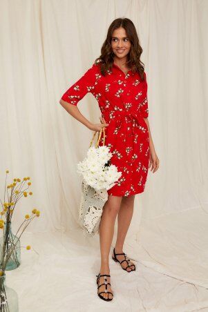 KOTIKI: Натуральное льняное красное платье-рубашка с поясом миди 2017 - фото 4