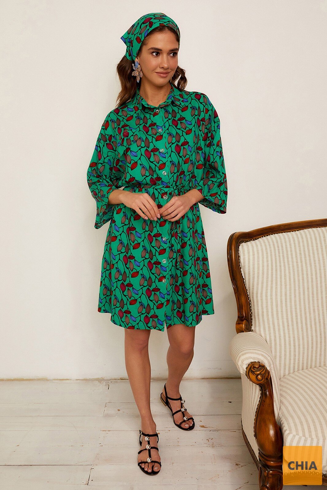 Платье-рубашка из натурального хлопка зеленого цвета