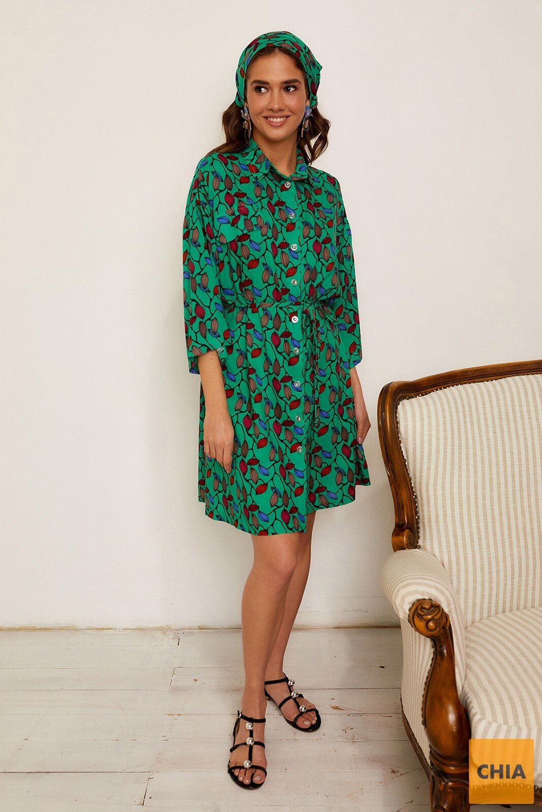 Платье-рубашка из натурального хлопка зеленого цвета