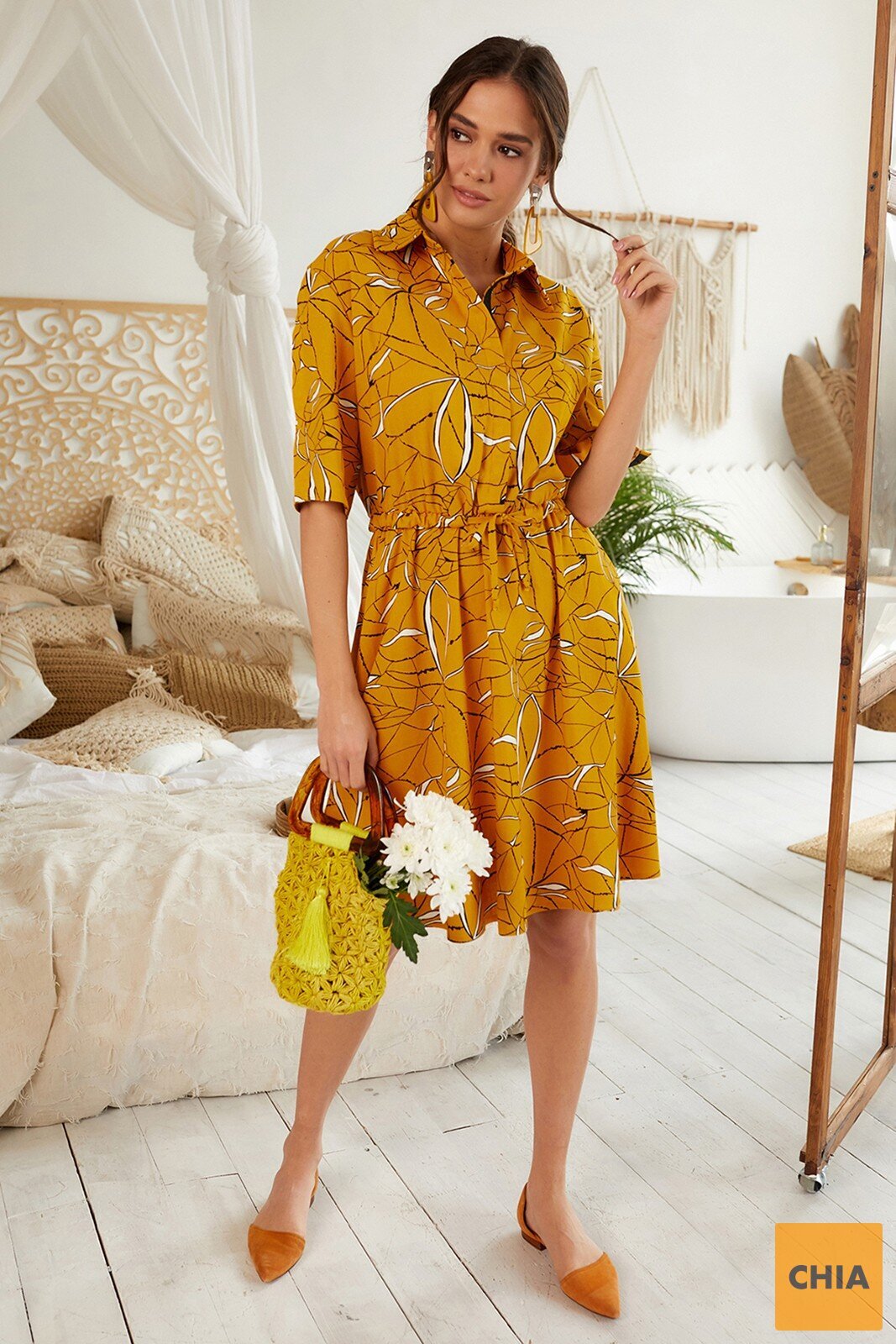 Льняное желтое платье принт с застежкой на кнопки "бейби"