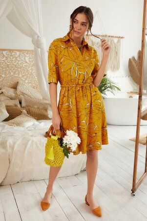 KOTIKI: Льняное желтое платье принт с застежкой на кнопки "бейби" 2045 - фото 1