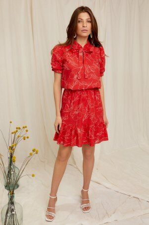 KOTIKI: Легкий лён красное летнее платье с рюшами и бантом с оборкой 2059 - фото 4