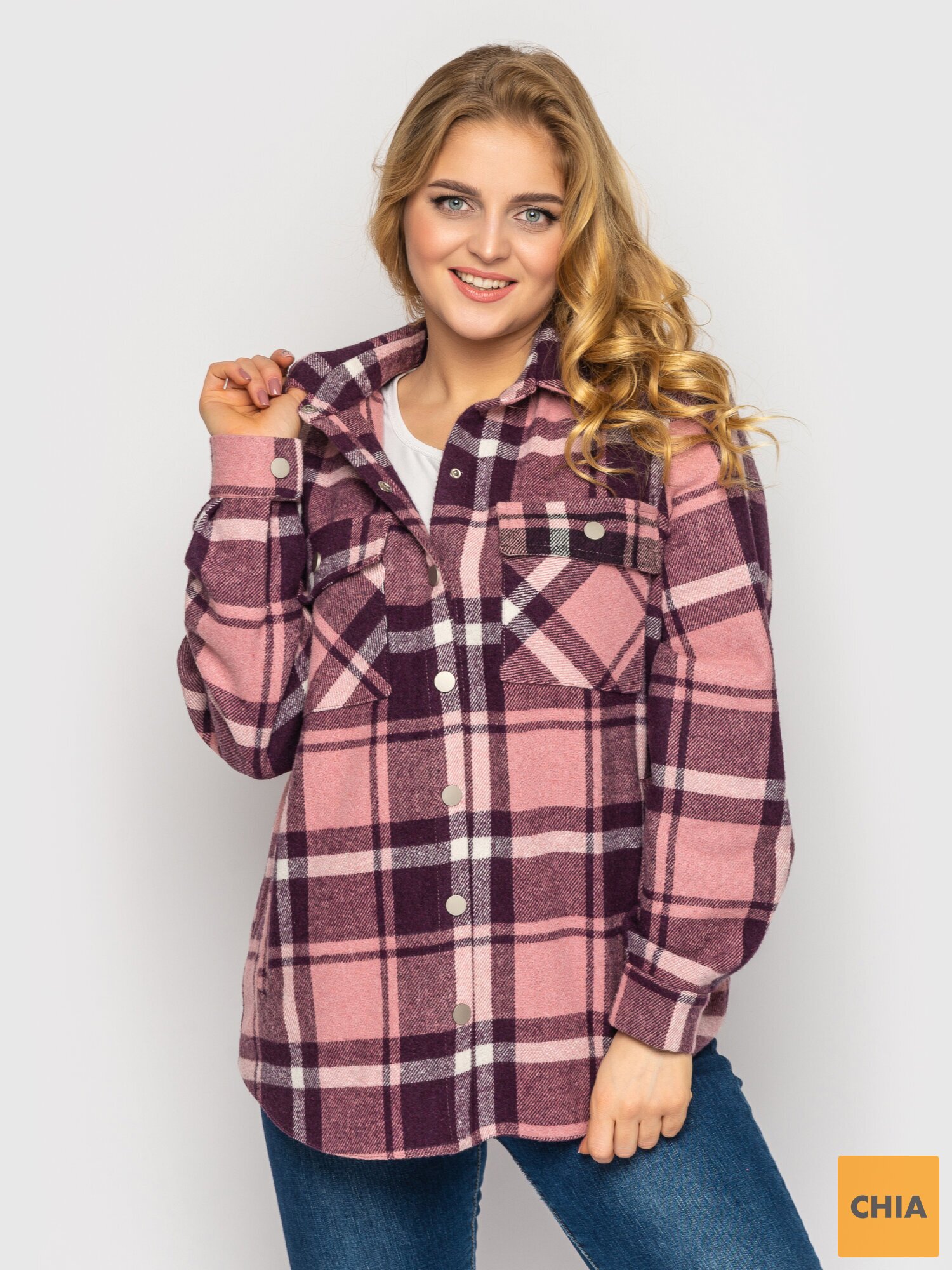 Рубашка теплая в клетку Слава розовая