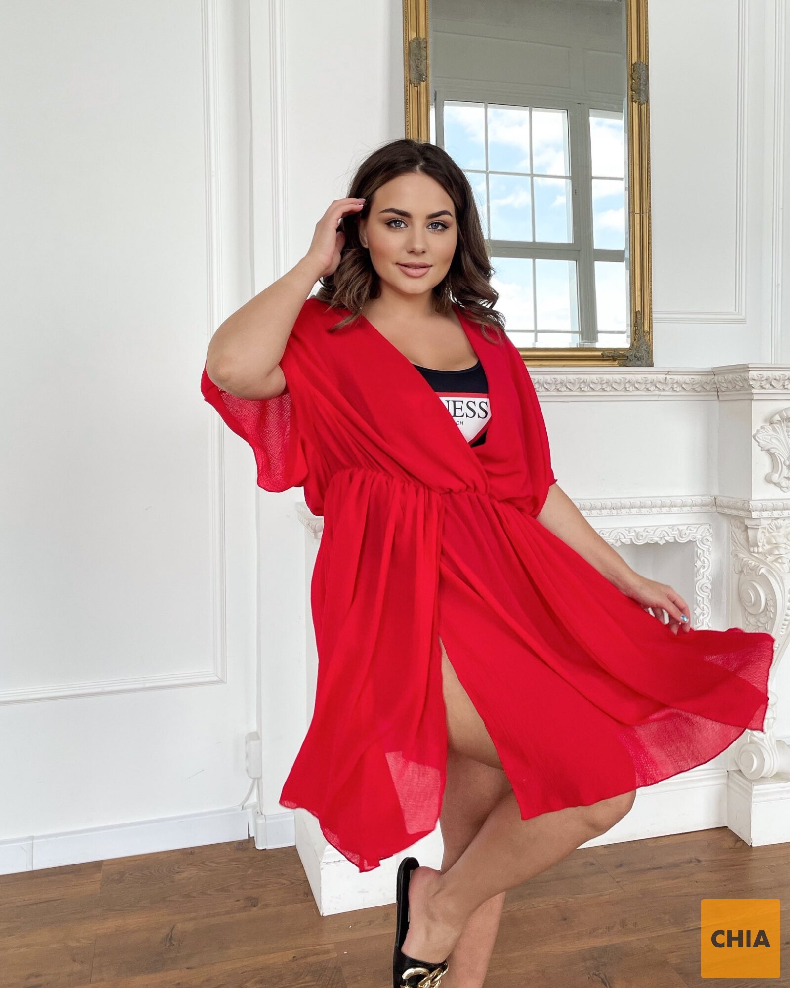 Пляжная короткая туника - платье красная