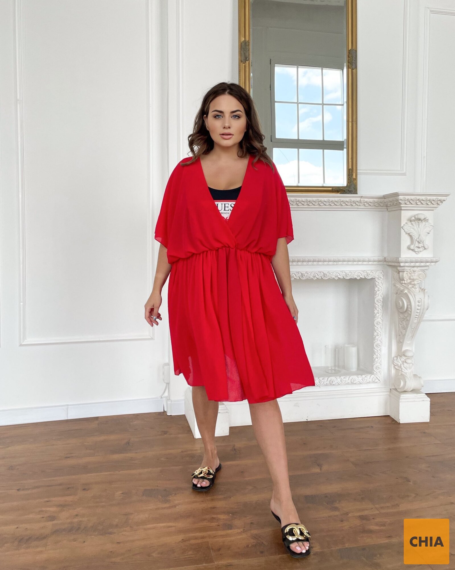 Пляжная короткая туника - платье красная