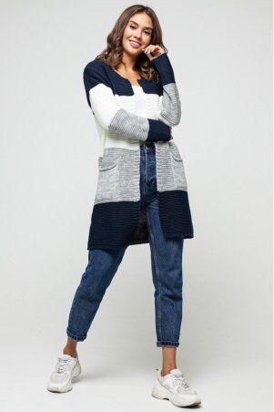 Prima Fashion Knit: Вязаный кардиган "Меги" - Темно-синий, серый, молоко 4527095 - фото 1