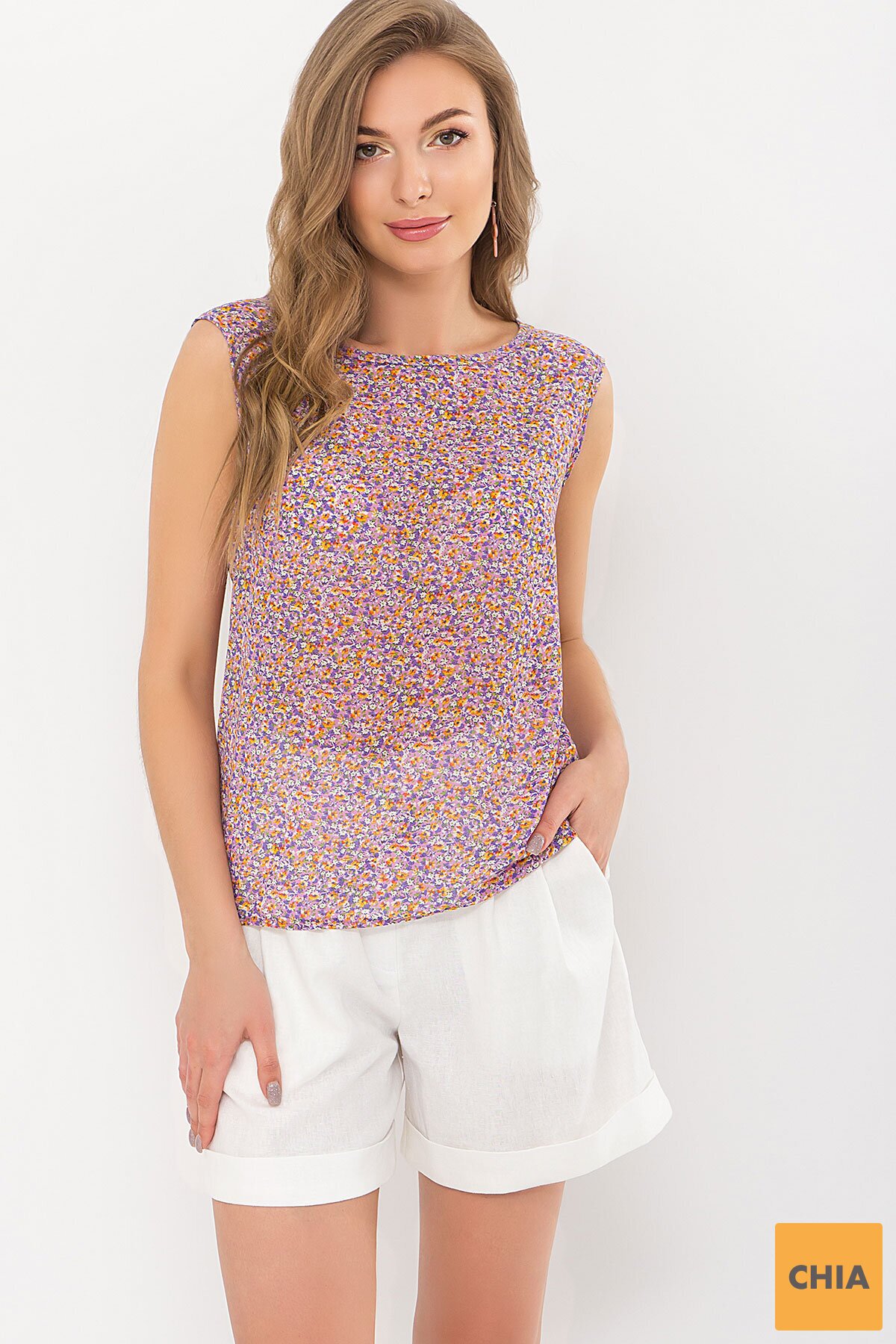 Блуза Виринея б/р сиреневый-оранж.м.цветы