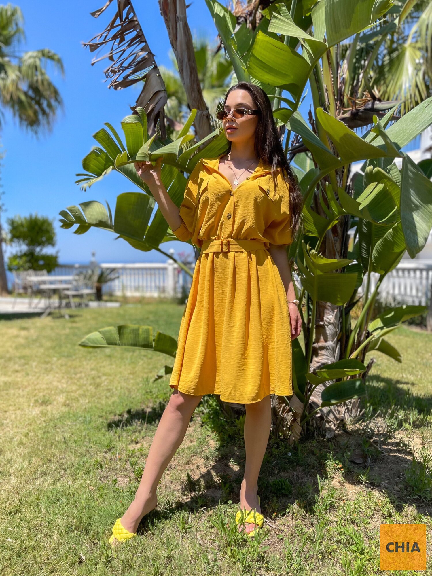 Платье-рубашка "CASUAL" с капюшоном желтое