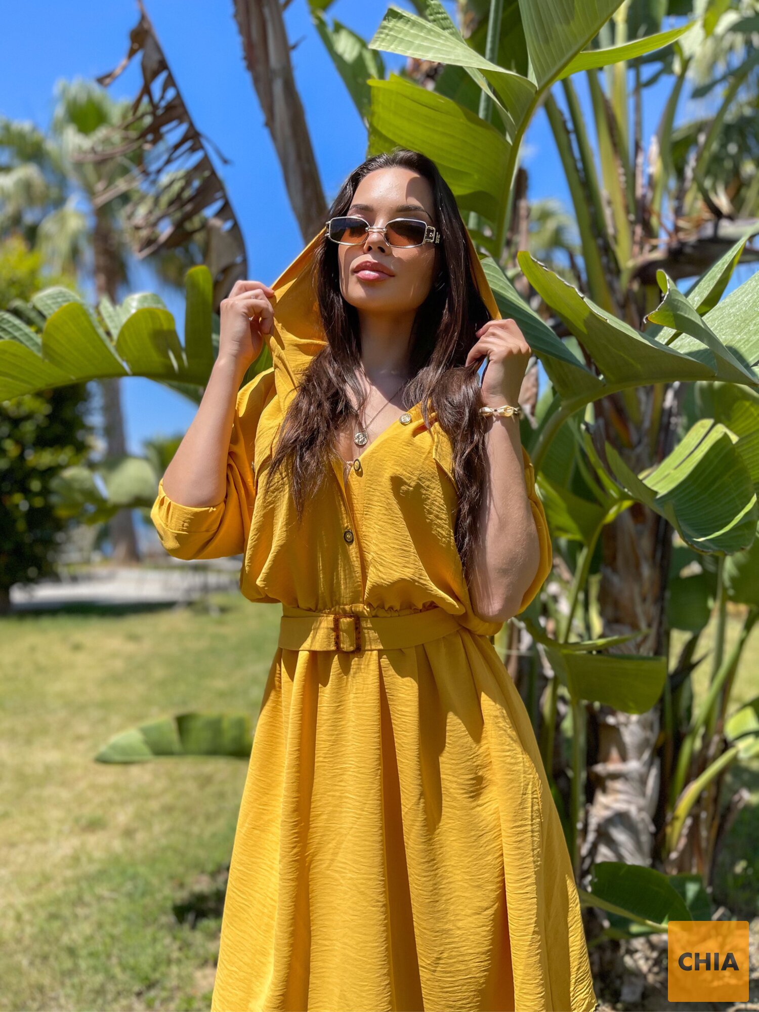 Платье-рубашка "CASUAL" с капюшоном желтое