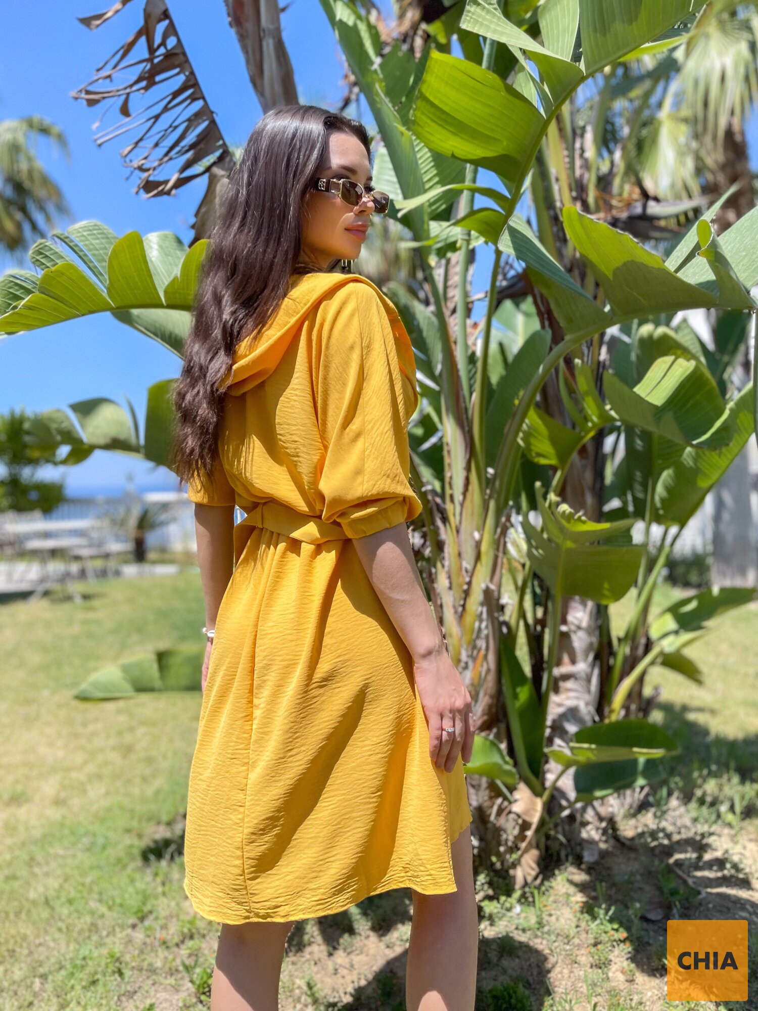 Платье-рубашка "CASUAL" с капюшоном желтое