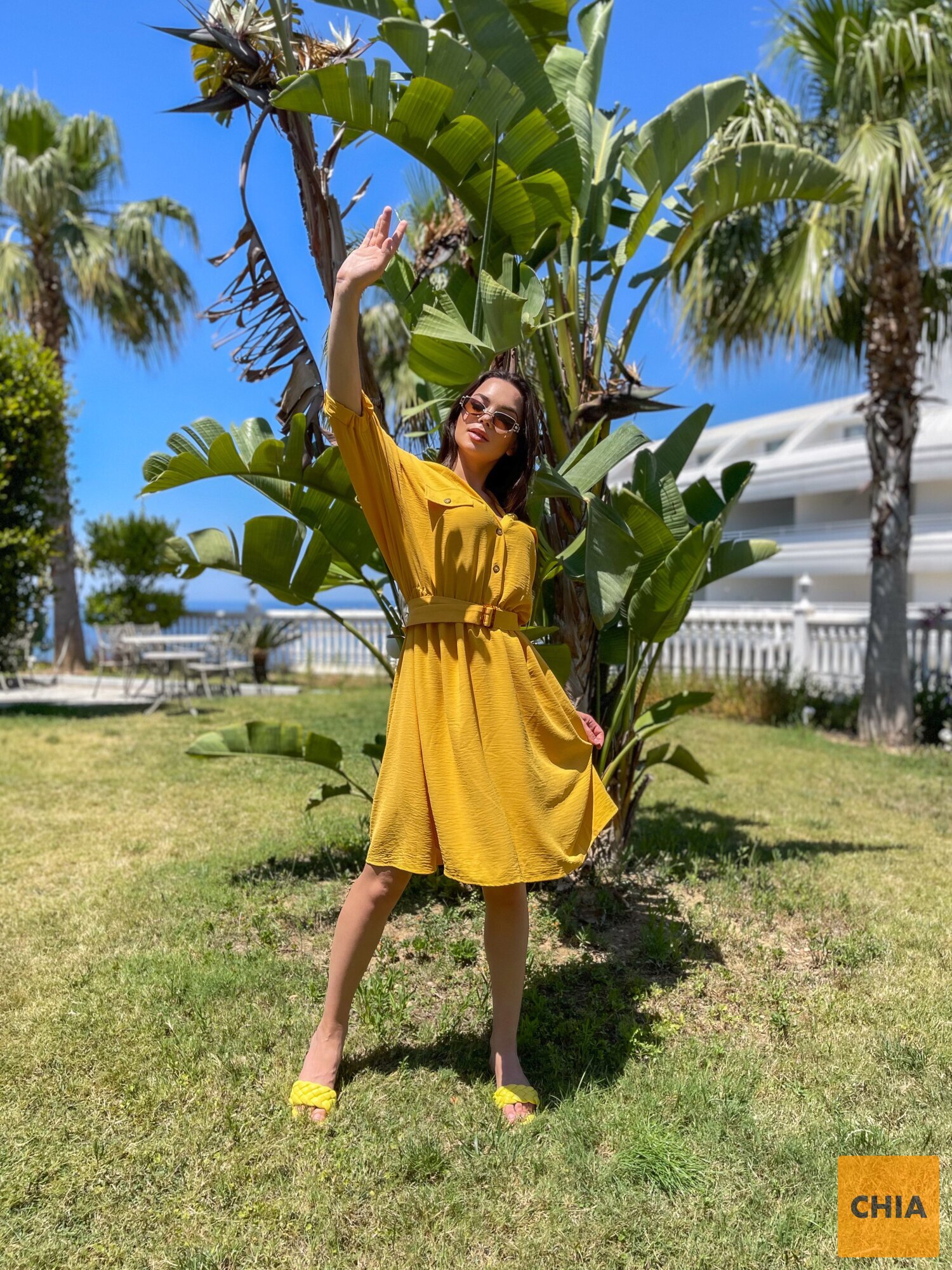 Платье-рубашка "CASUAL" с капюшоном желтое