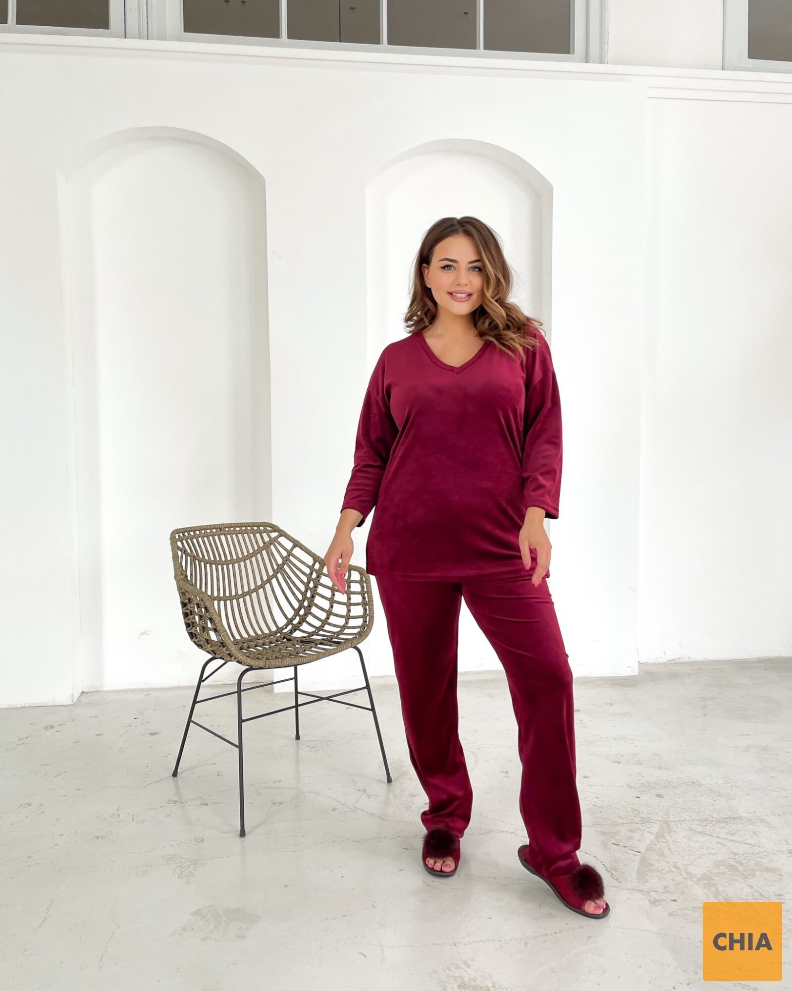 Костюм домашний с брюками велюр NEW бордовый