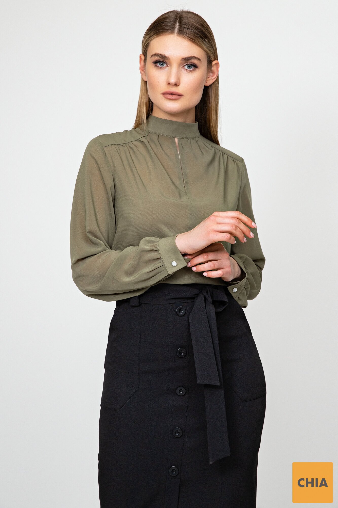 Шифоновая блуза с длинным рукавом цвета хаки Лиллиан 21217 ()