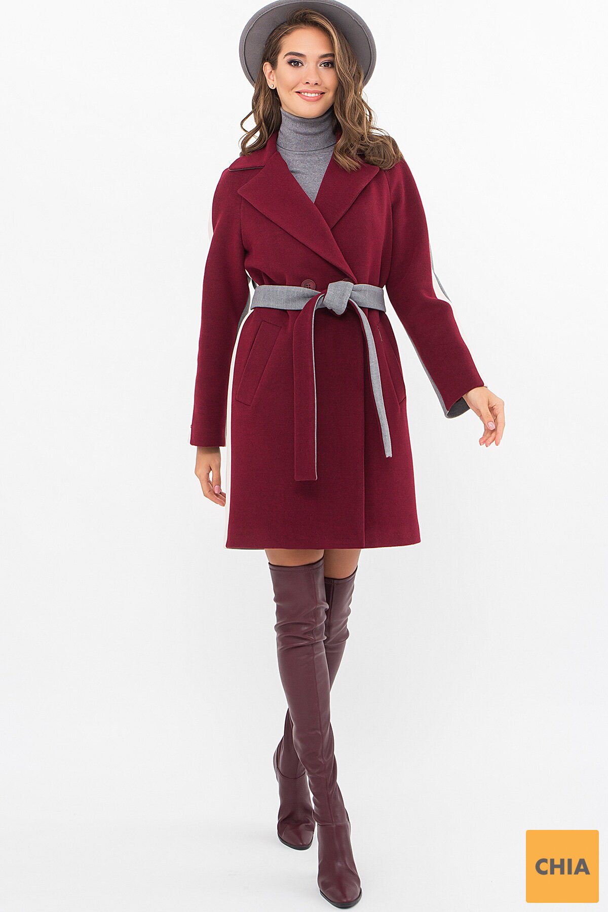 Пальто П-425-90 (2) 936/0015 бордо-серый