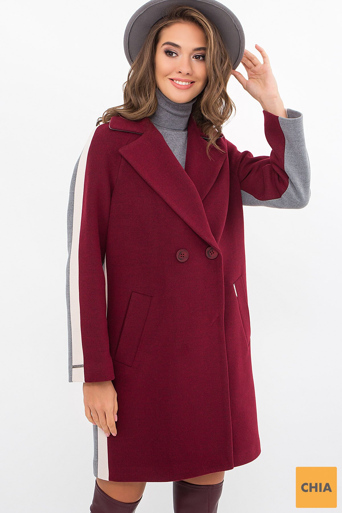 Пальто П-425-90 (2) 936/0015 бордо-серый