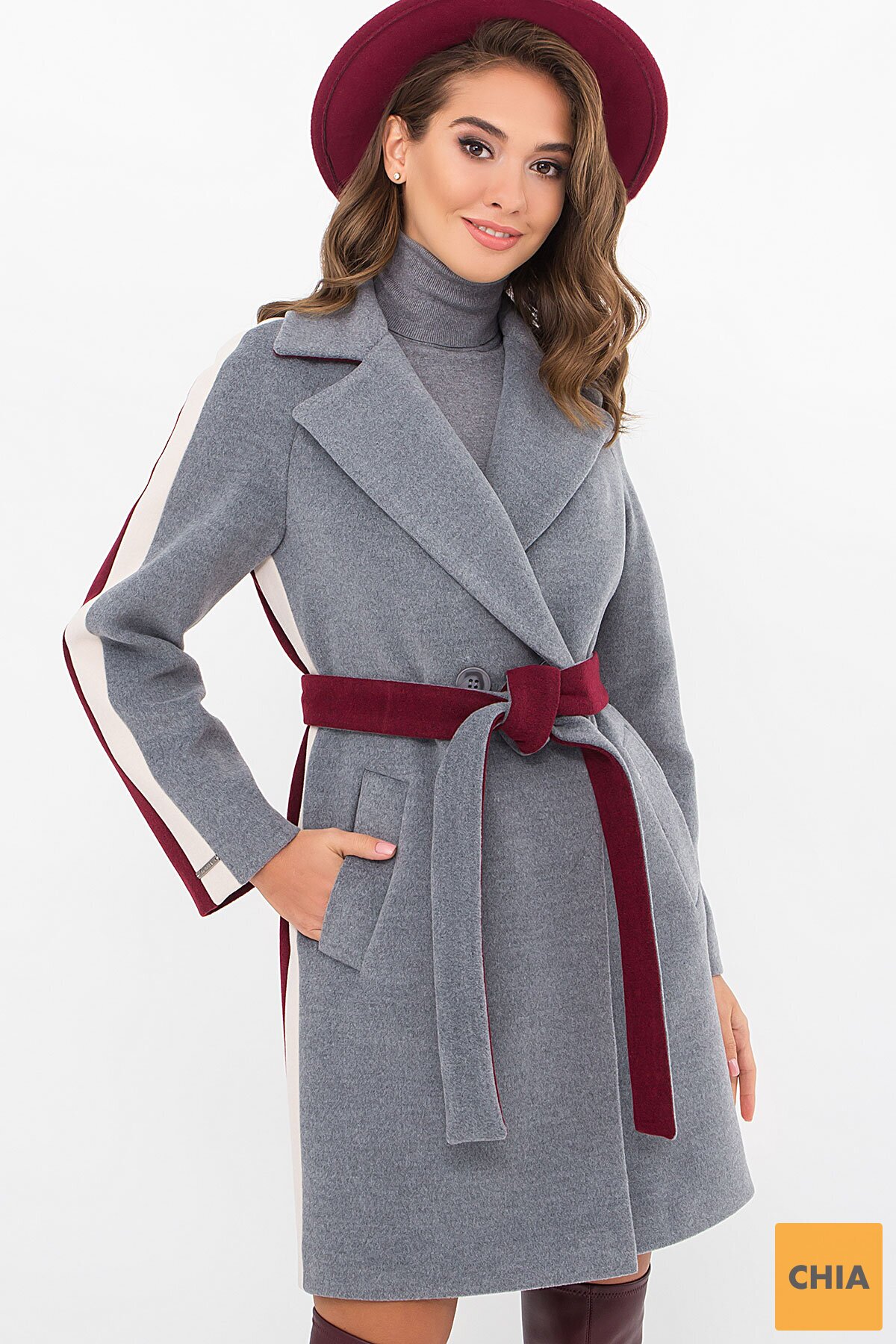 Пальто П-425-90 (2) 071/936 серый-бордо