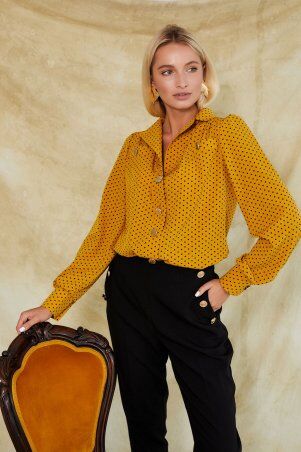 KOTIKI: Блуза горчичная в горошек с золотыми пуговицами 2064 - фото 1