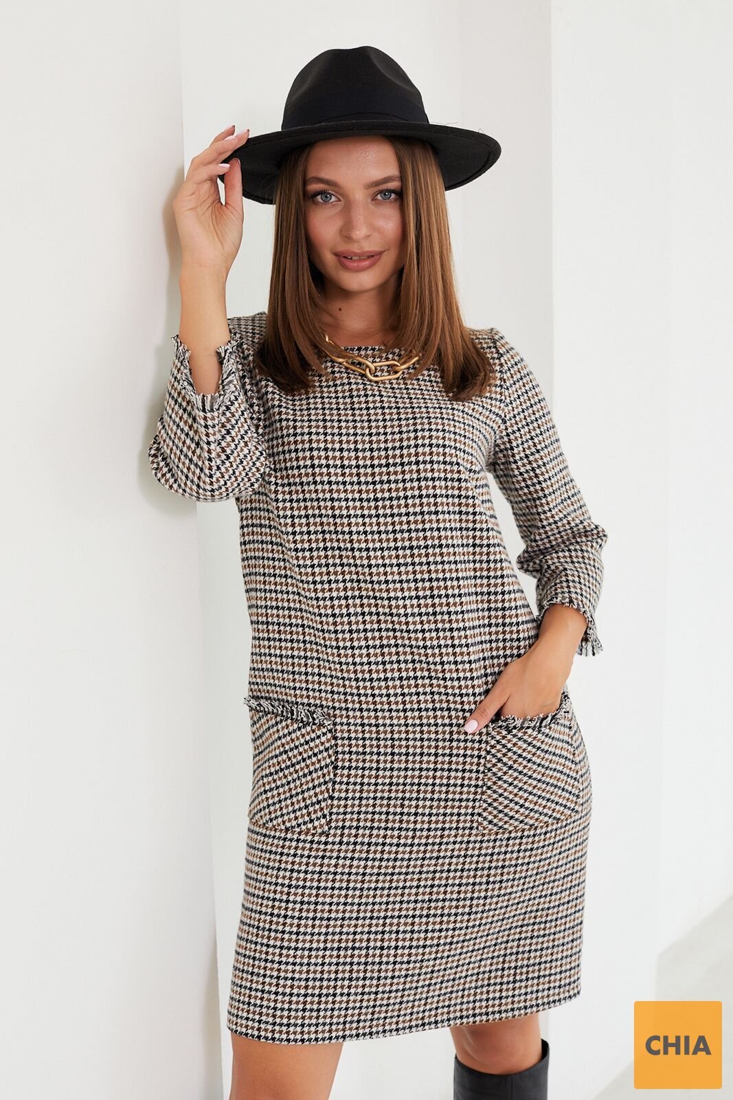 Платье с накладными карманами и бахромой в принт "гусиная лапка"