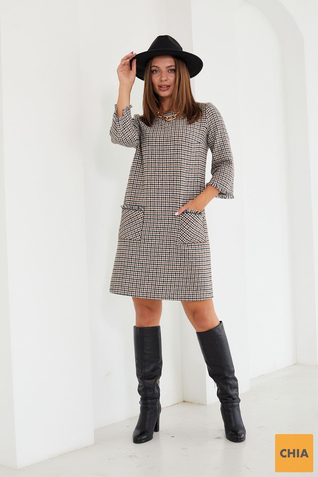 Платье с накладными карманами и бахромой в принт "гусиная лапка"