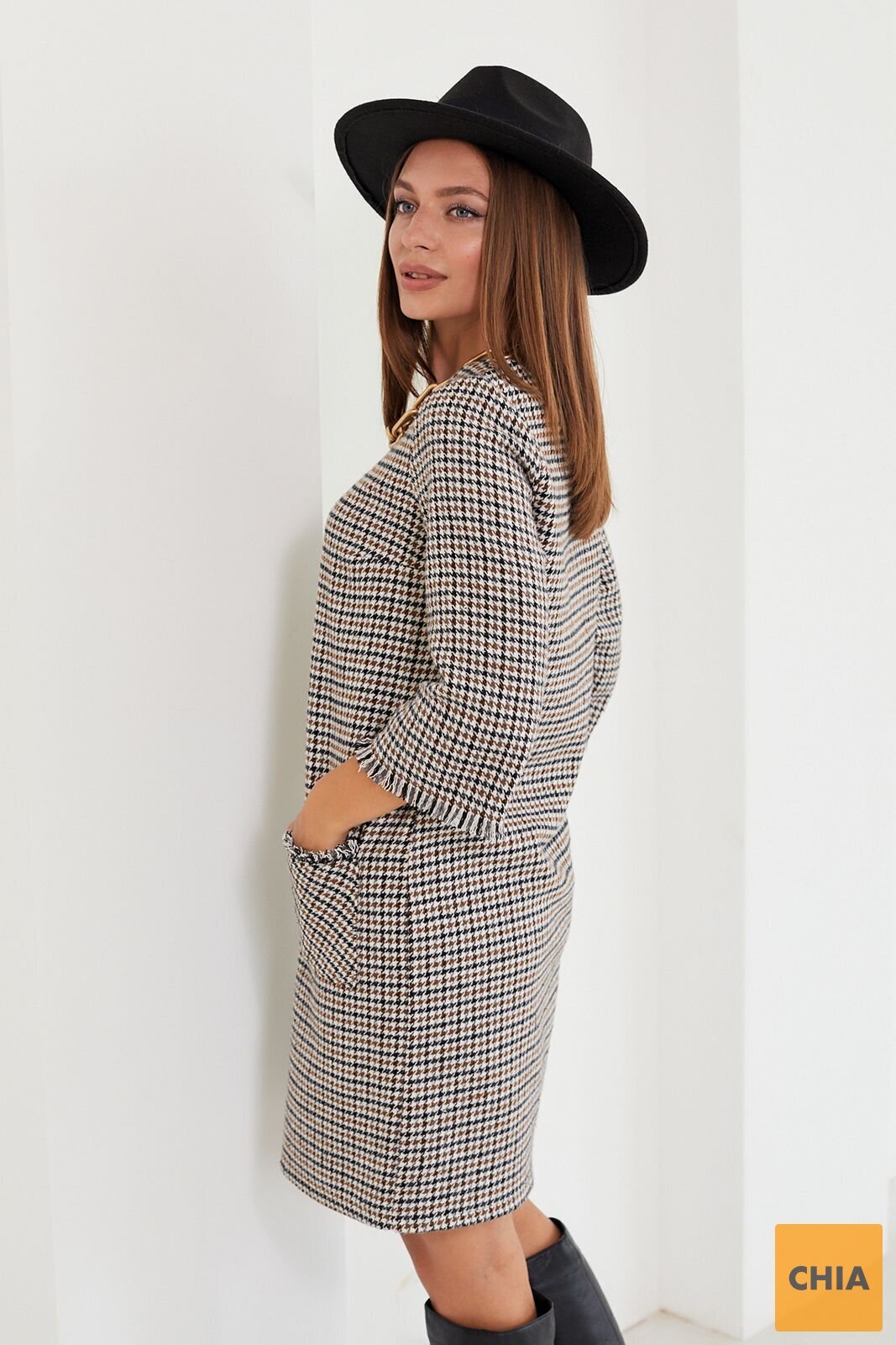 Платье с накладными карманами и бахромой в принт "гусиная лапка"