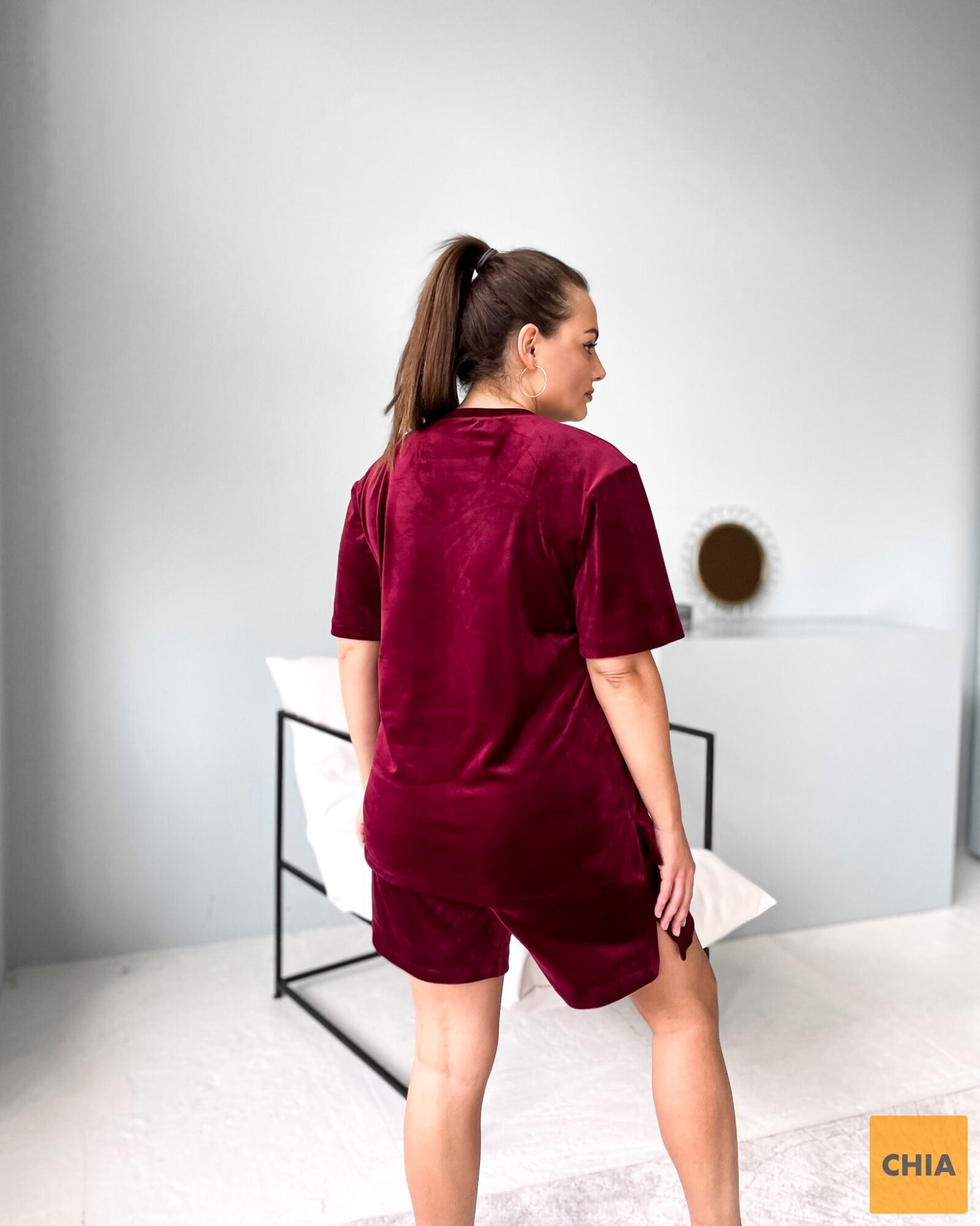 Пижама велюр футболка+шорты бордовый