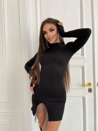 Zarema: Шикарное короткое черное платье с разрезом украшенным бахромой со стразами za22667 - фото 2