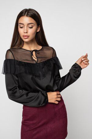 Itelle: Чорна шовкова блуза з рюшів з фатину в горох Лола 21172 - фото 1