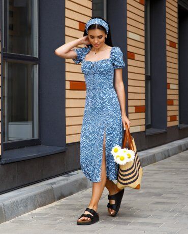 Itelle: Літня сукня з розрізом довжини міді кольору денім з принтом 51412 - фото 3