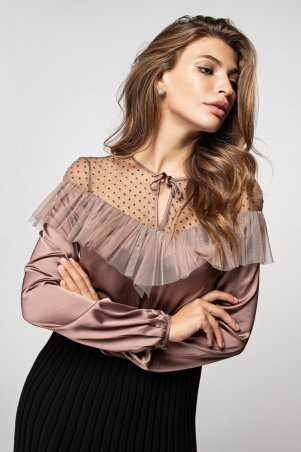 Itelle: Шовкова блуза кавового кольору з рюшів з фатину Лілі 21171 - фото 1