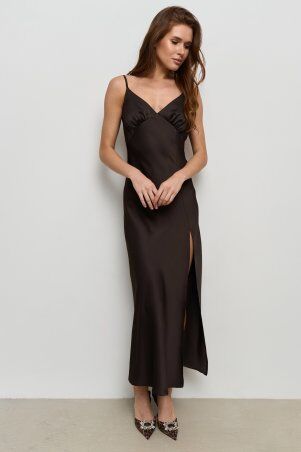 SL-ARTMON: Шоколадна шовкова елегантна сукня ARTMON на тонких бретелях 1476.1 - фото 3