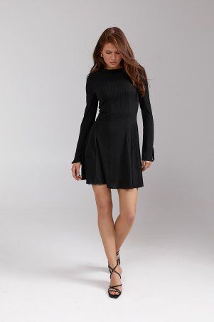 SL-ARTMON: Чорна міні сукня в рубчик з акцентними рукавами-кльош 1480.1 - фото 2