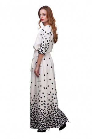 Lilo: Белое платье в пол в черные горохи с вырезом на спине 01798 - фото 1