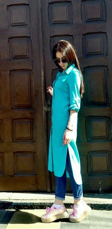 Lilo: Голубая рубашка-платье миди из льна 01979 - фото 1